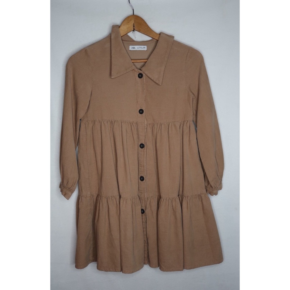 Zara Kids Girls 13-14 Camel Corduroy Tiered Shirt Dress Button Front Cottagecore
